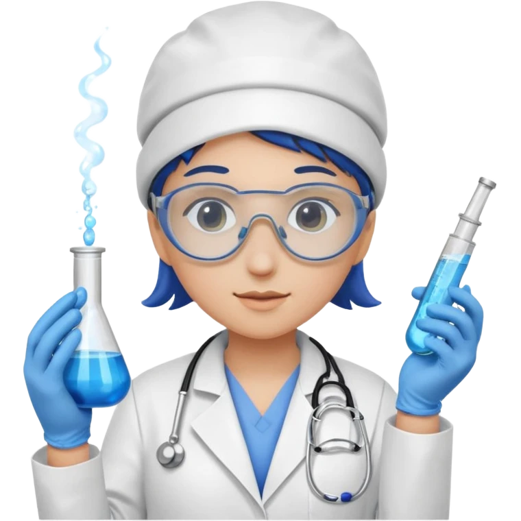 A person wearing safety goggles, a stethoscope, and a white coat. They are wearing blue protective gloves. In their hand, they are holding a test tube containing chemicals. emoji
