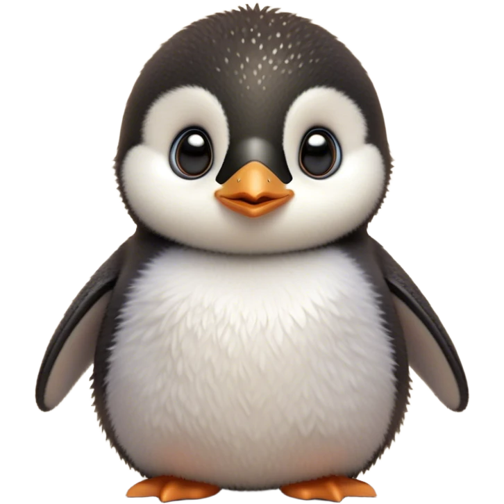 Cinematic Cute Baby Penguin Portrait Emoji, Head tilted playfully and inquisitively, with irresistibly fluffy plumage accented by a tiny beak and round, sparkling eyes filled with wonder, Simplified yet irresistibly adorable features, highly detailed, glowing with a warm, friendly polar glow, high shine, affectionate and lively, stylized with a touch of whimsical charm, bright and endearing, soft glowing outline, capturing the essence of a mischievous yet loving penguin that feels like it could slide out of the screen into your arms! emoji