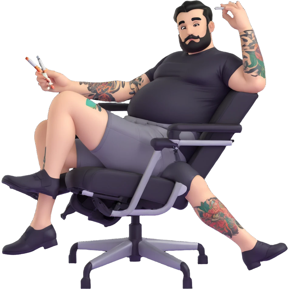 Large man reclining in chair, legs spread showing tattooed left calf, smoking a cigarette, round face, very short black hair, well-groomed beard with small mustache, light skin, black t-shirt with light stripes at top riding up to show belly, black shorts, arms and left calf covered in matching black graphic tattoo patterns emoji
