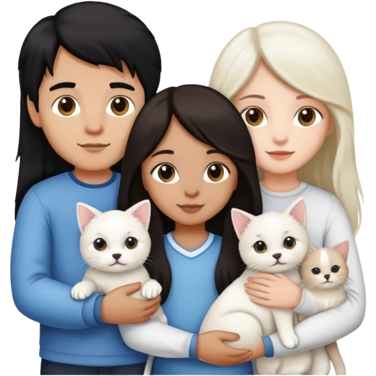 A couple holding hands, the boy holdin a cat and the girl holding a white puppy. she has long brown hair and he has black hair emoji