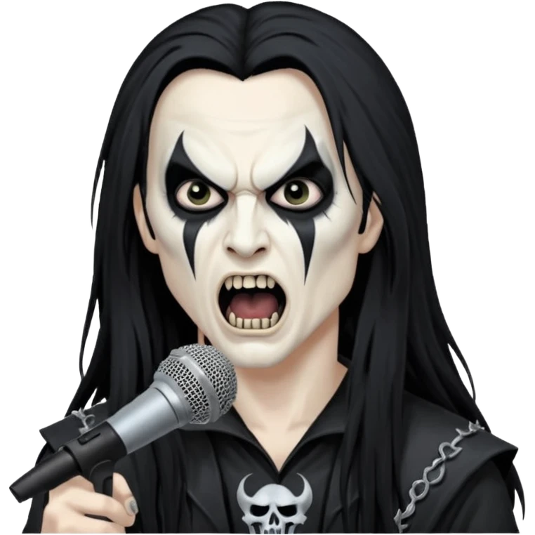 Black metal musician with corpse paint, long hair, screaming with mirophone emoji