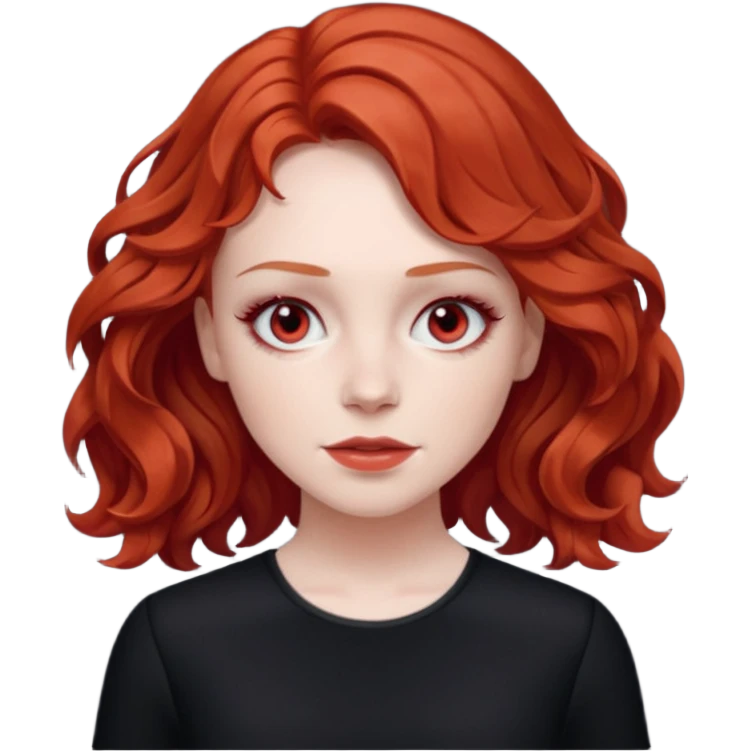 Julia Grant from Summer of Fear with medium red wavy hair, black outfit, white and red eyes emoji
