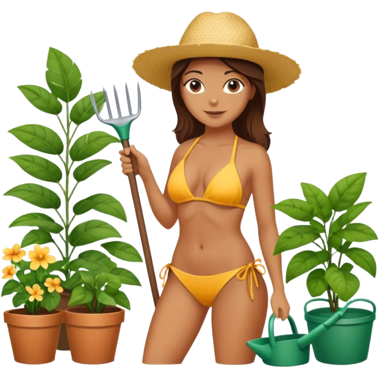 woman in bikini gardening with plants emoji