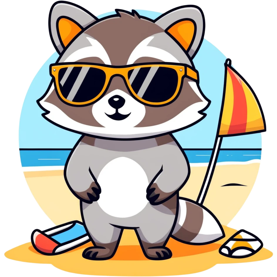 raccoon with sunglasses on a beach emoji