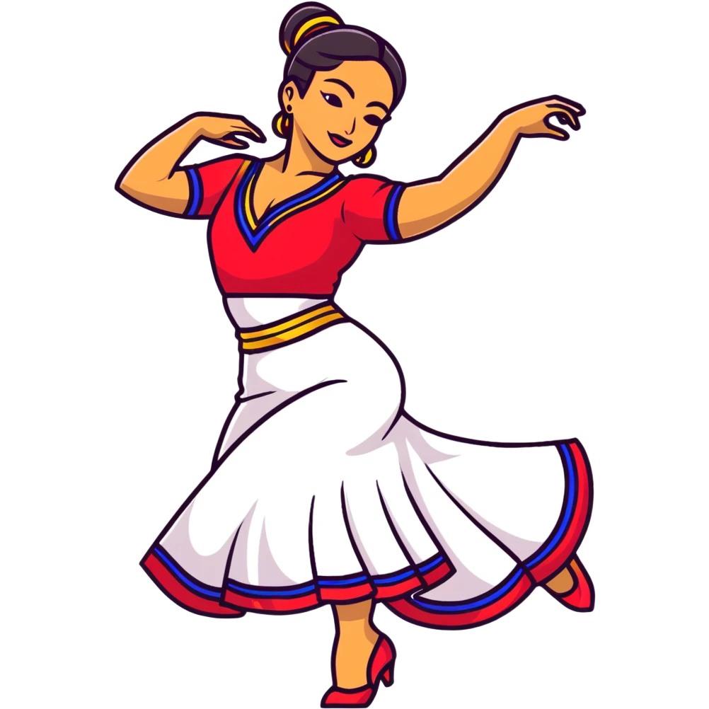 Colombian salsa dancer with vibrant traditional outfit, energetic pose, colorful flowing dress emoji