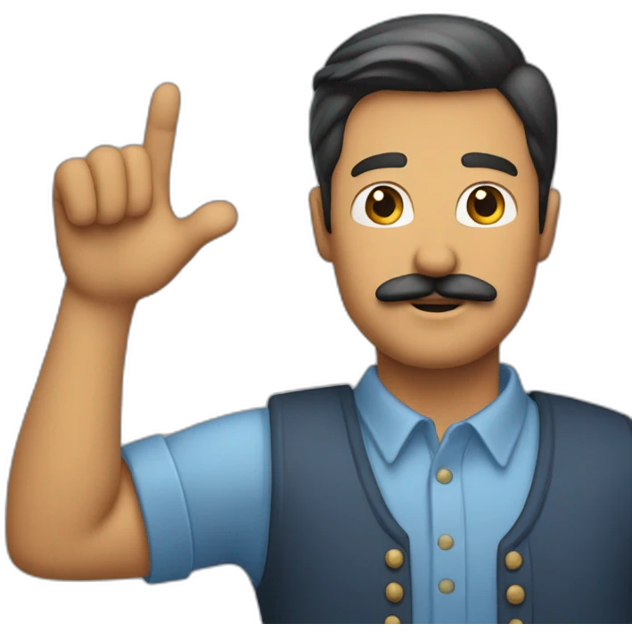 man with mustache and only his right arm straight and flat hand in the air emoji