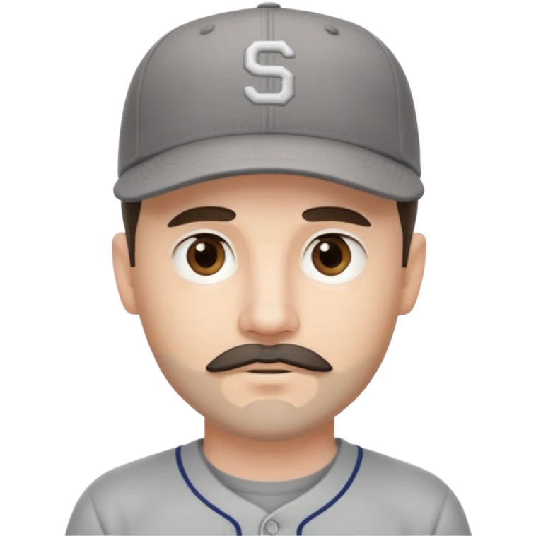 white young male with small dark brown goatee beard and moustache with grey tones wearing a grey baseball cap backwards with hazel eyes emoji