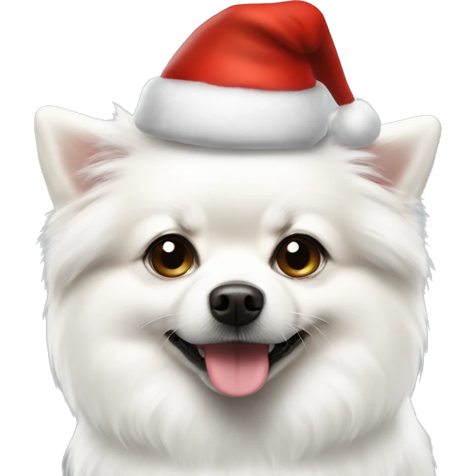 White dog pomeranian shpitz with small black eyes wearing Christmas hat  emoji