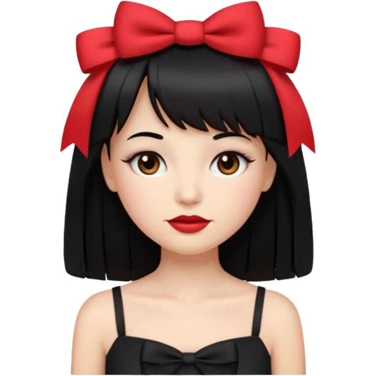 emoji feminino branca com cabelo longo, preto, liso e com franja. olhos castanhos. no rosto maquiagem com blush, cílios, delineador e batom vermelho. usando uma blusa preta com alças finas e um laço branco de cada lado emoji