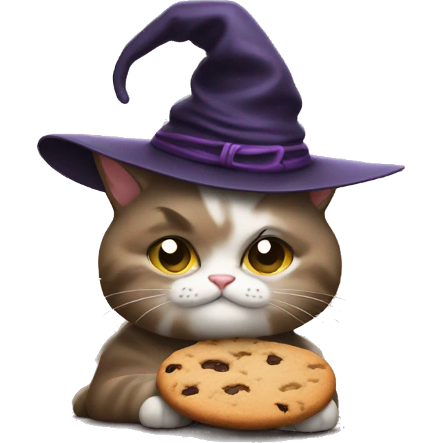 Cat wearing a witch hat thinking about cookies  emoji