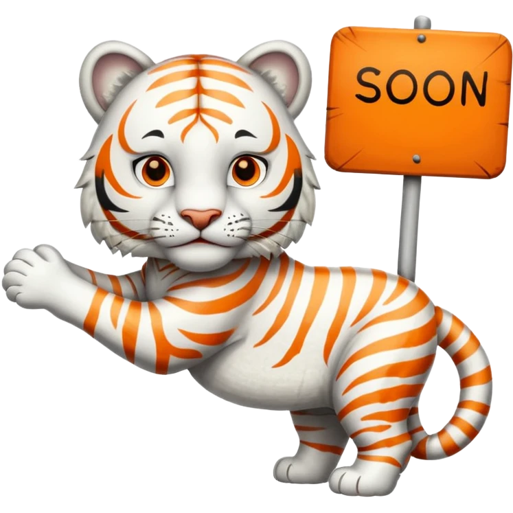 White Tiger. He is holding a sign with SOON - written on it. Let him have 4 paws, not more. emoji