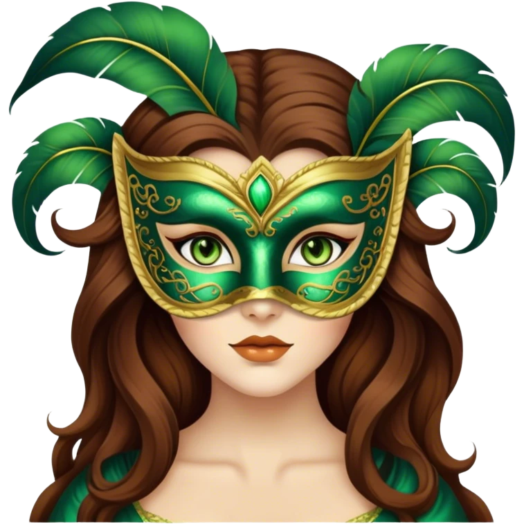 Greeneyed Woman with Long Brown hair venetian mask emoji