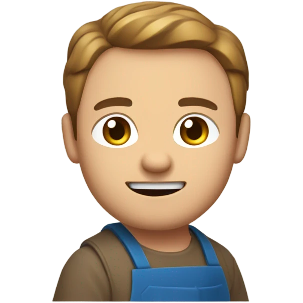 "A sturdy man with rough hands, short light brown hair, and a friendly, naive expression. He wears a work apron over simple clothes and holds a hammer or wood in a rustic workshop." emoji