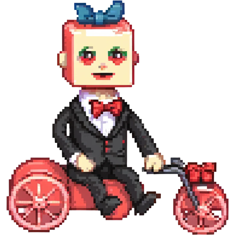 Saw puppet, pixel art style, small and blocky, red spirals on cheeks, black suit, red bow tie, tricycle emoji