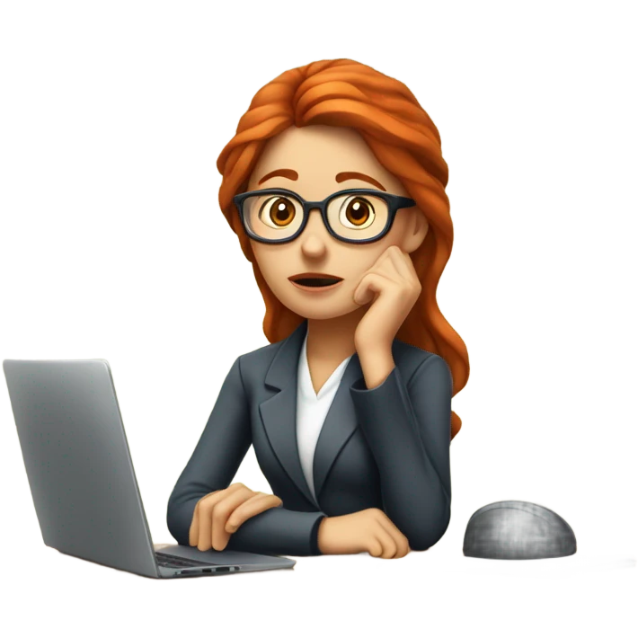 red hair woman nutritionist wearing glasses with hand on chin having an good idea monitor desk emoji