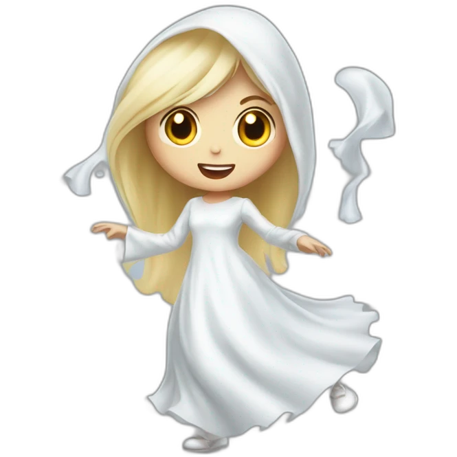 a blondie girl dressed as a ghost moving up the floor going to a party emoji