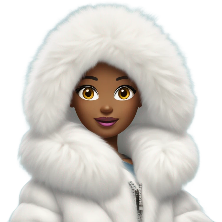 Barbie looking emoji  in an extremely big fluffy oversized white fur coat with hood on. The fur is real and it’s very obvious big and fluffy like in Pinterest  emoji