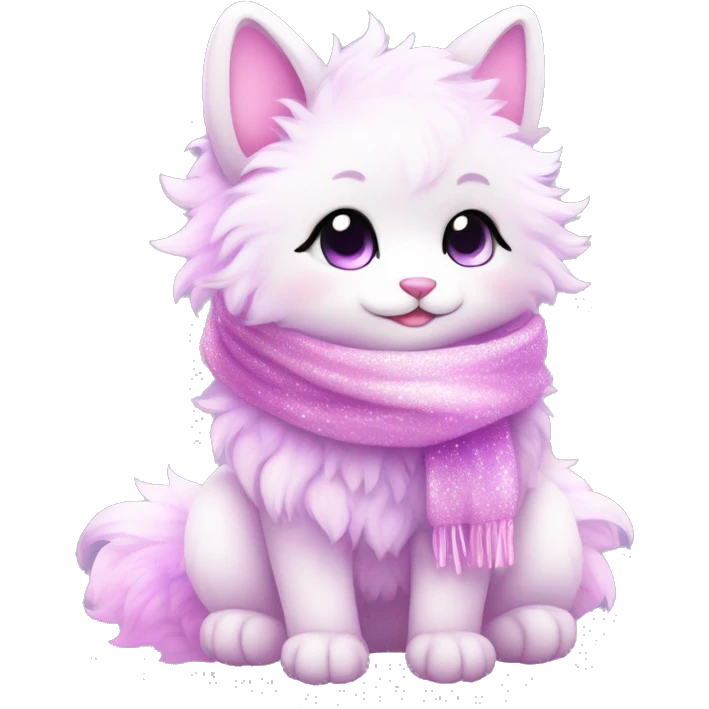 Kawaii cute gorgeous colorful sparkly bright light pastel lilac-pink-white-gradient fantasy ethereal fluffy fursona animal creature with a cute scarf full body emoji