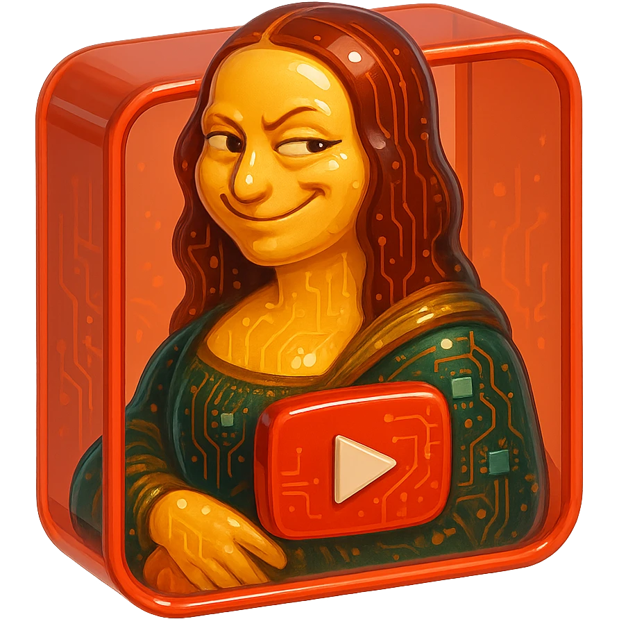 Mona Lisa with a playful sarcastic grin, red YouTube play button, glossy circuit style, in red box emoji