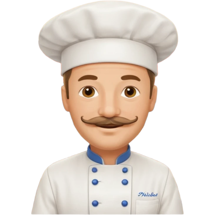 Est-ce que tu peux me faire un chef cuistot qui ressemble à Philippe Etchebest et qui est devant un restaurant? Est-ce que tu peux le faire souriant, avec une moustache de cuistot? 
 emoji