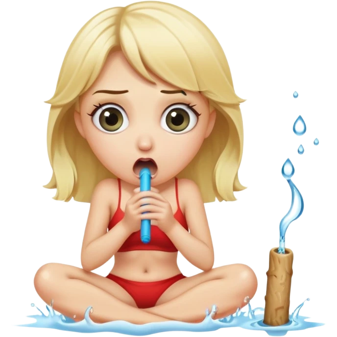 blond woman sitting on her knees with wide eyes, she's holding a thick short stick with a big knob, the stick is made of skin, water squirting from the knob into her mouth, shocked face emoji