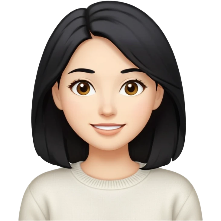 A woman with longer black hair, light to medium skin tone, full cheeks, and almond-shaped eyes, wearing a simple white sweater, joyful and radiant expression, cheerful. emoji