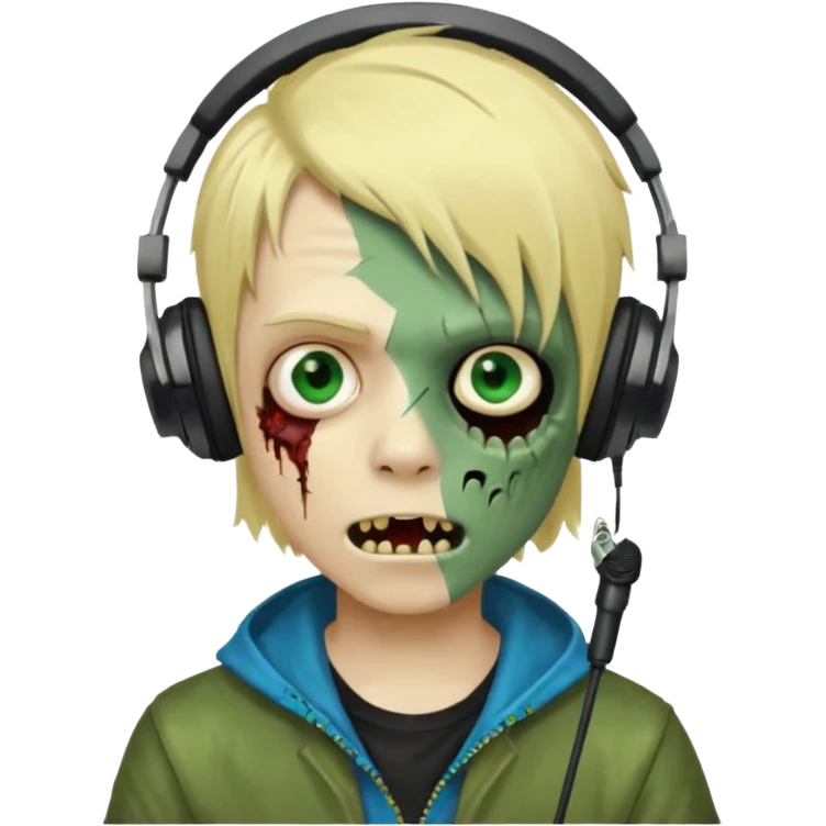 boy zombie whit blonde emo hair and eyes blue and GREEN SKIN and heandphones and a microfone and gold teeth emoji