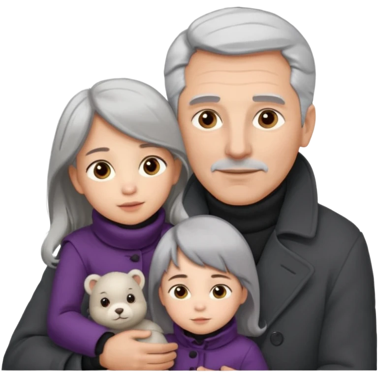 A father with silver-grey hair styled neatly and a clean-shaven face, wearing a dark turtleneck and wool coat, holding his girl child gently.  emoji