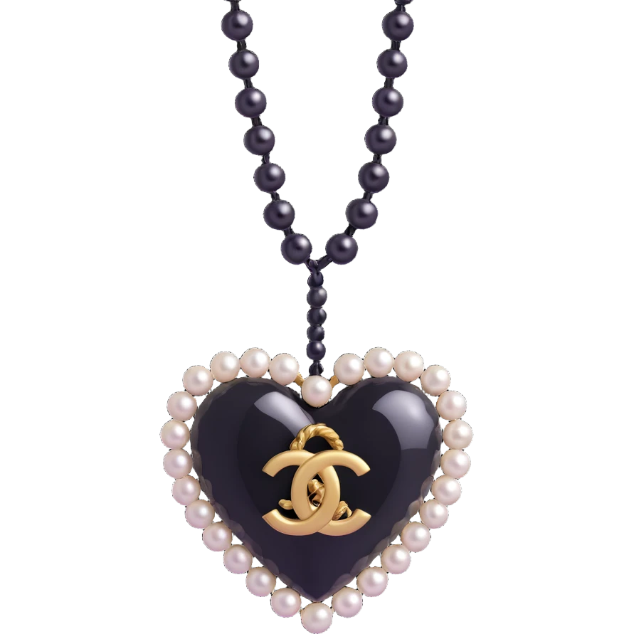 Add a string of pearls around the heart, keep the black Chanel logo, elegant, glossy, black and white, 3D emoji style, with no background emoji