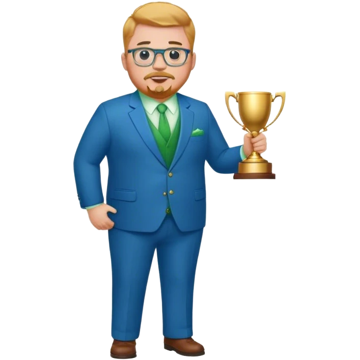 Full Body white fat male  wearing glasses with a goatee with strawberry blond very short hair basketball head Coach in blue and green suit holding trophy emoji