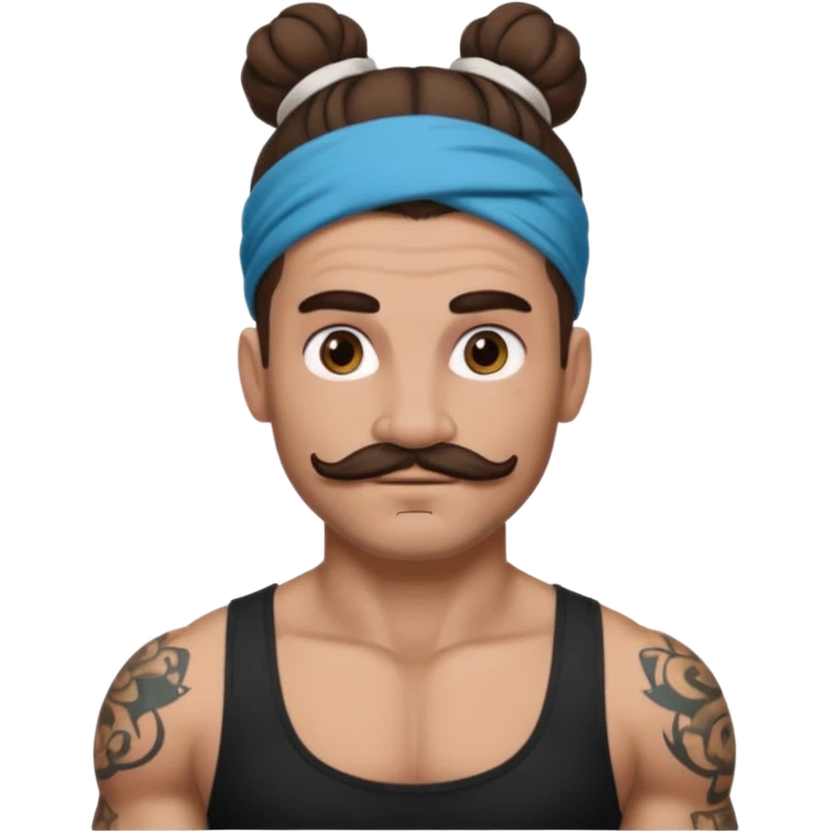single big bun brunette hair man and mustache and face tattoos very heavy and headband emoji