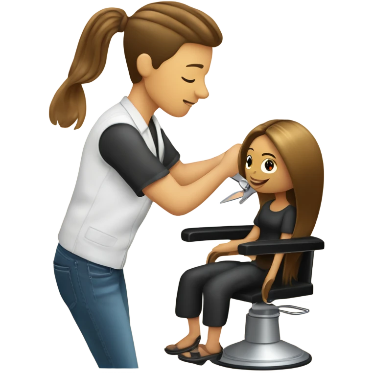 “Create an emoji depicting a hairdresser styling a client’s hair. The hairdresser is holding scissors or a comb, and the client is sitting on a chair. Include details such as the client’s hair and professional tools in the hairdresser’s hands.” emoji