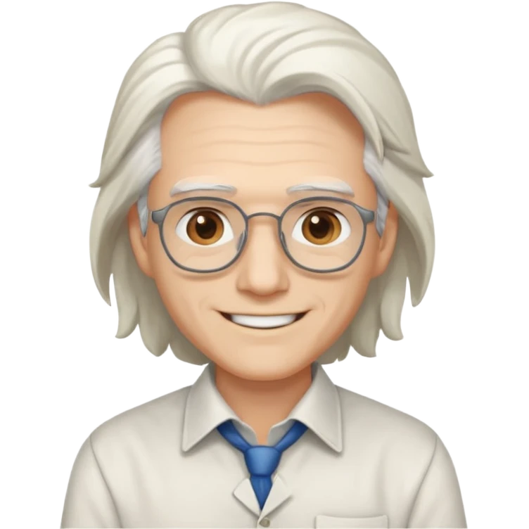 Profesora joven, sonrriente cabello blanco y de pelo largo sin letes con camisa emoji