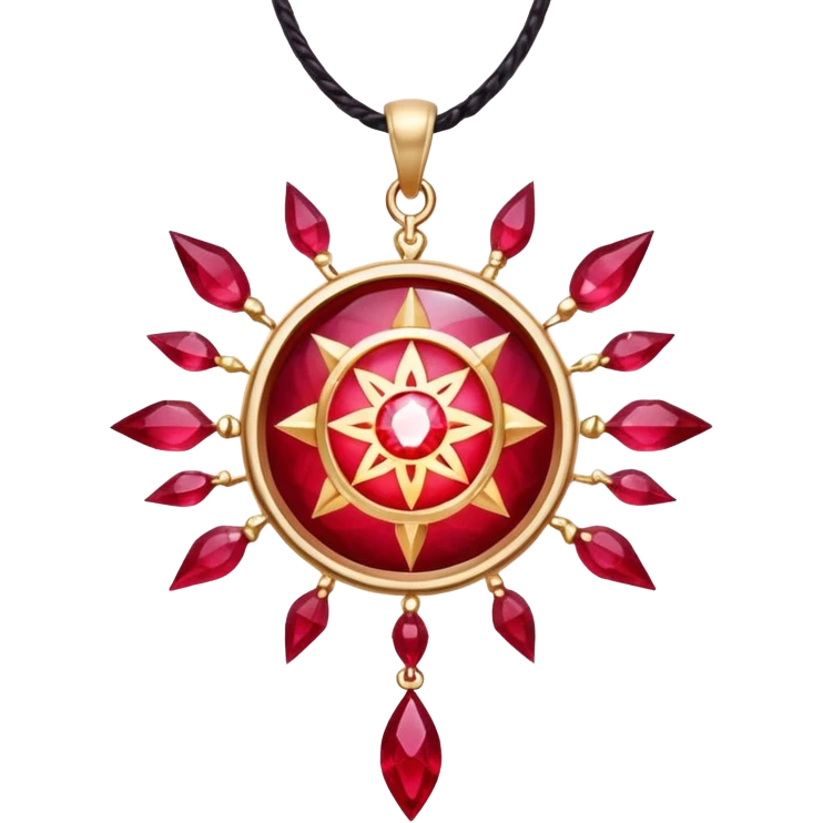 ruby pendant radiating luminous aura, celestial being forming inside, surrounded by floating runes emoji