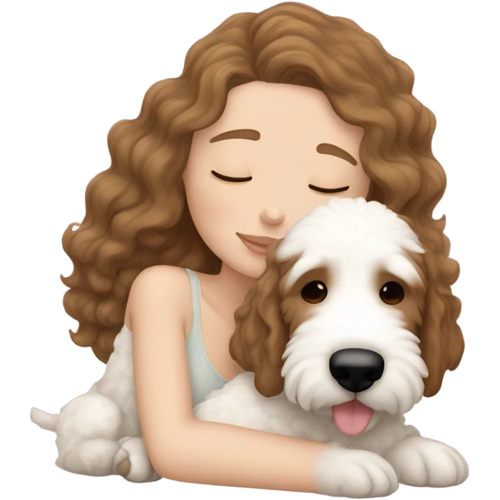 White girl straight  brown hair sleeping with cream golden doodle puppy  emoji