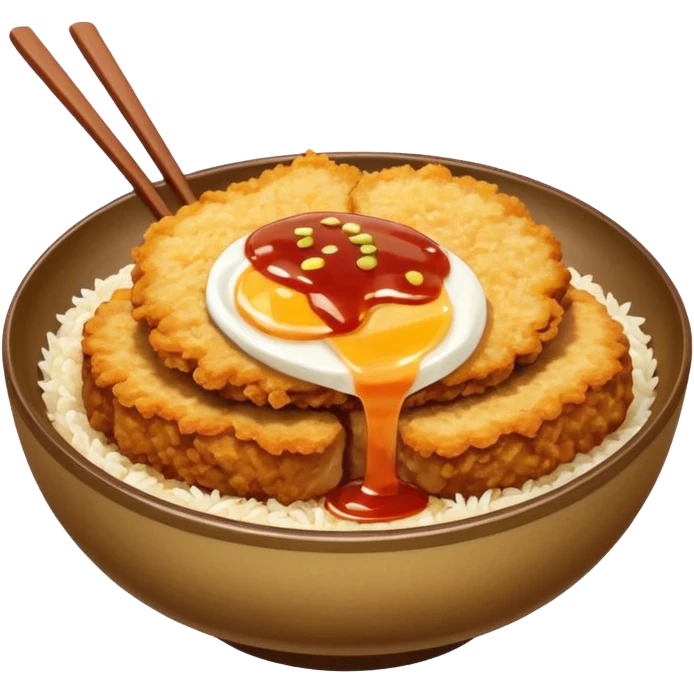 katsudon in a bowl: bowl filled with rice, a bit of sauce over the rice and a breaded pork cutlet emoji