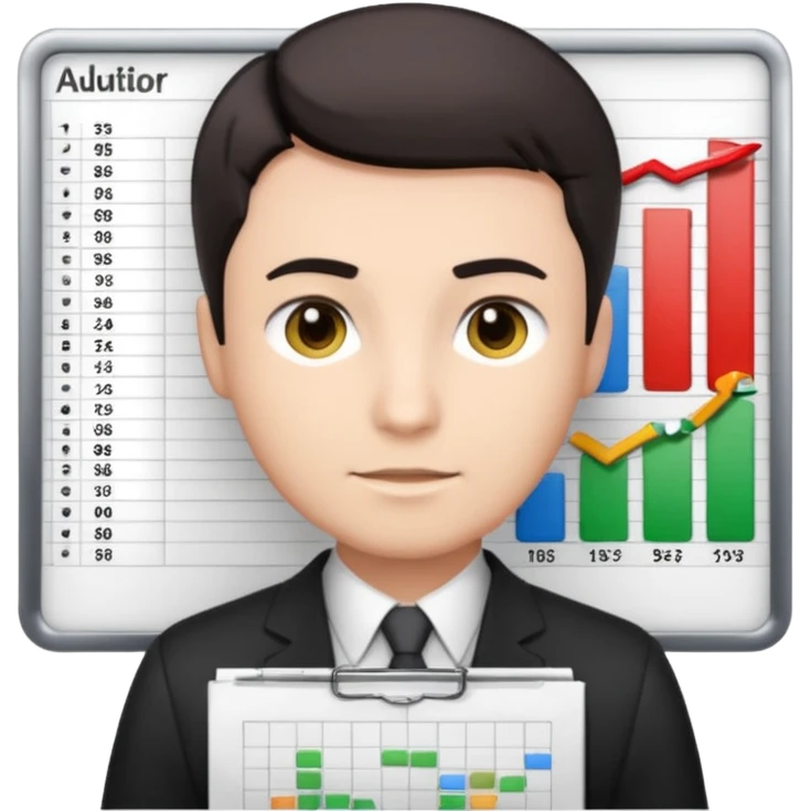 male dark short hair auditor with spreadsheet emoji emoji