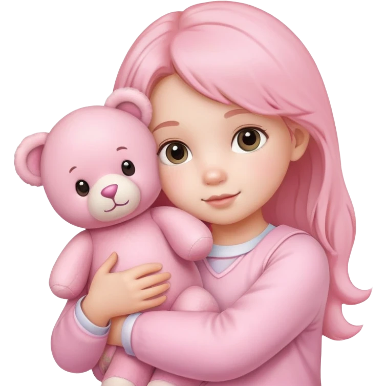 cute toddler girl with pastel pink clothes holding a pink teddy bear emoji
