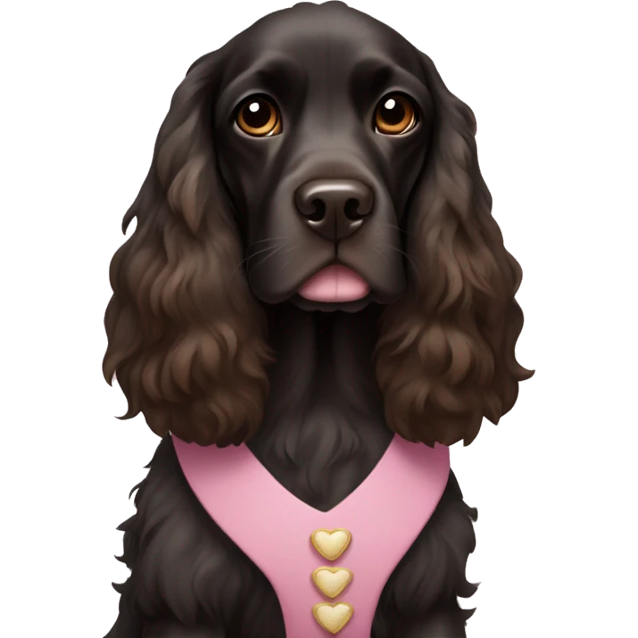 black English spaniel with brown eyes in a pink dress emoji