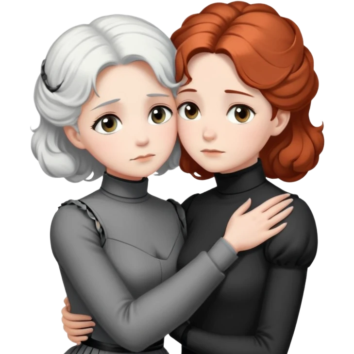 Two Victorian women with grey eyes in a sad, intimate hug. One has bright white coiffed hair, one has dark copper coiffed hair. Both wearing Victorian turtleneck dresses with arms tightly around each other. emoji
