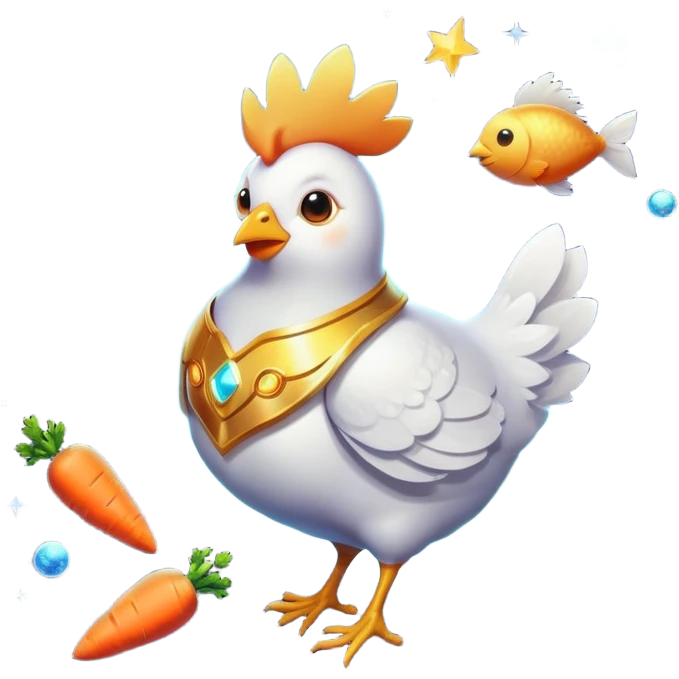 Magical ethereal chicken, fish, and carrot floating in a cosmic space, connected by golden energy beams to a healthy eye, radiant skin, and glowing immune shield emoji