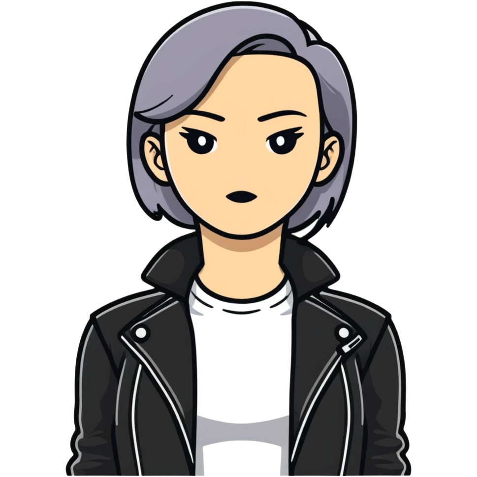 female character with oval-shaped flat-top head wearing a tight-fitting elbow-length black leather jacket emoji