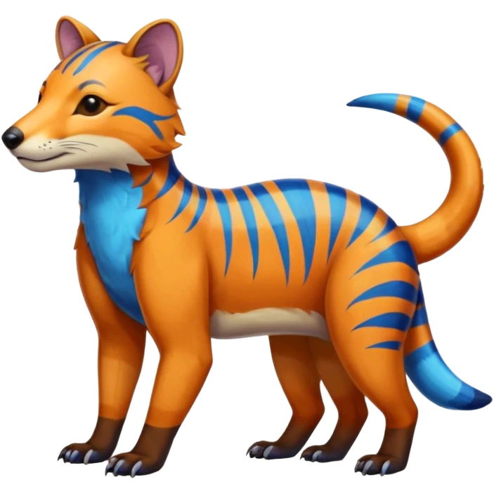 Colorful brown with blue and orange tropical exotic shiny beautiful fantasy-Thylacine-Vernid-Cacomistle-Oncilla-animal-Fakémon-hybrid-fursona (full body) emoji