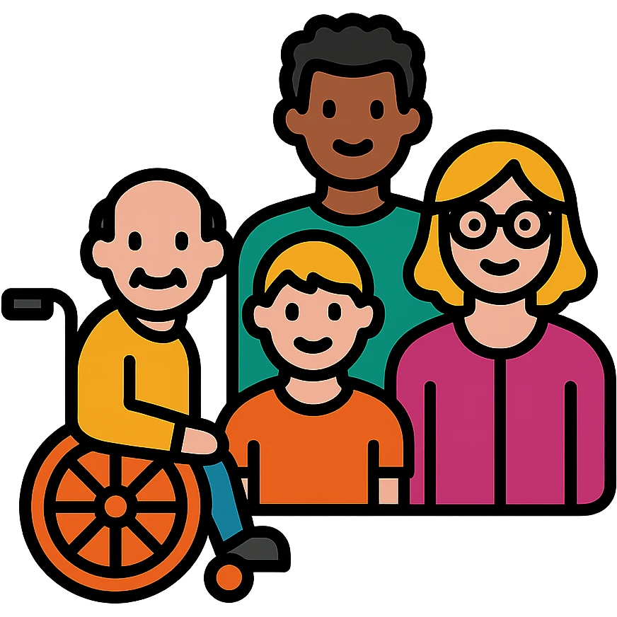 icon of a diverse group, showing people of different ages and abilities, inclusive, simple and modern emoji
