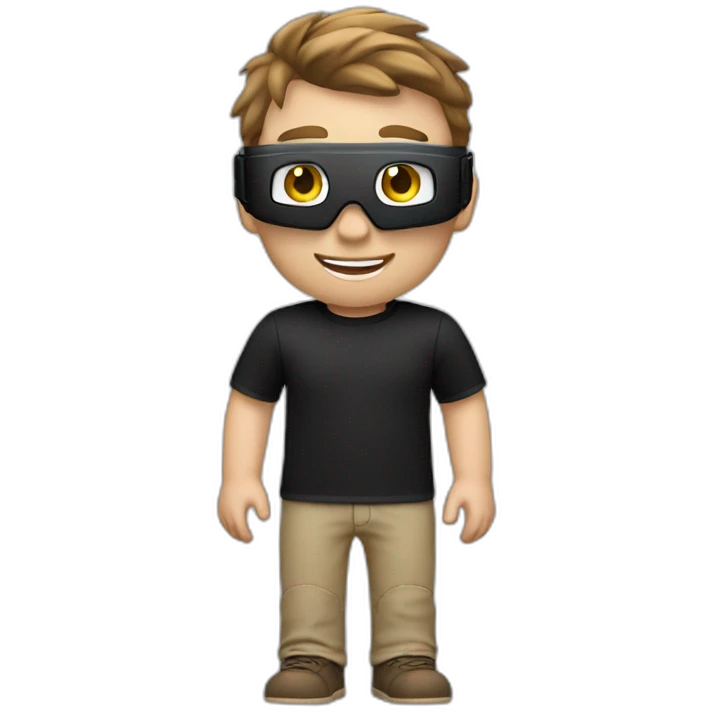 Generate an emoji of a young guy wearing apple vision pro virtual reality glasses with a charismatic smile. The young has pale skin with brown hair and wears a black t-shirt. emoji