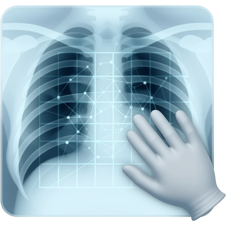 Minimalist icon of a doctor's gloved hand holding up a traditional medical X-ray film against a soft light, but a subtle, geometric blue data grid is overlaid on the film. High-tech interpretation, clean flat design, vector style, white and medical blue tones. emoji