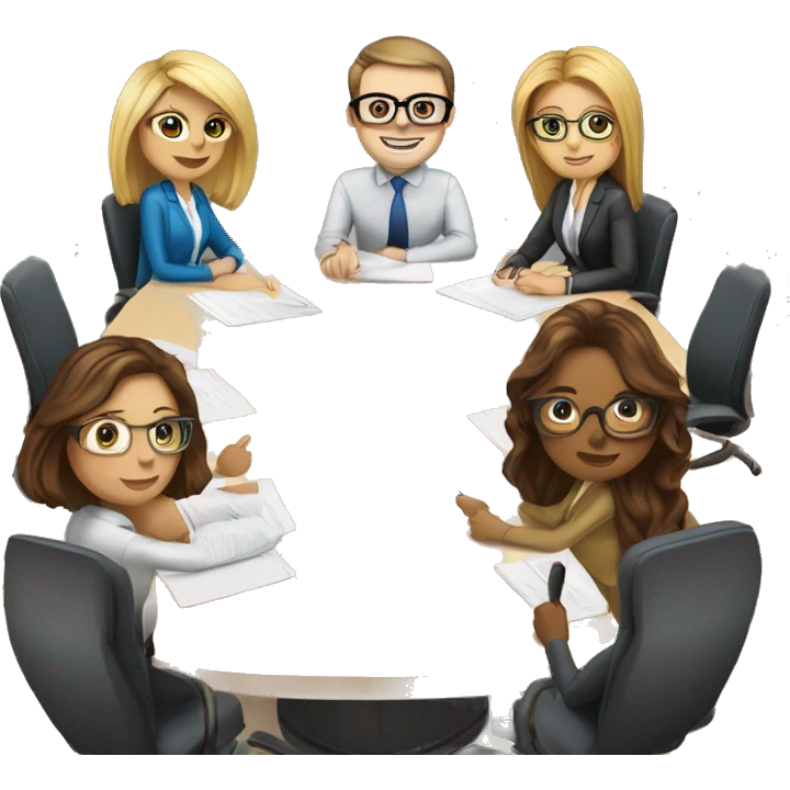 meeting table with 6 people seated two men, both width buzcuts and glases, two blonwimen with long hair, two brownhaired women with long hair and one brown haired woman with short hair emoji