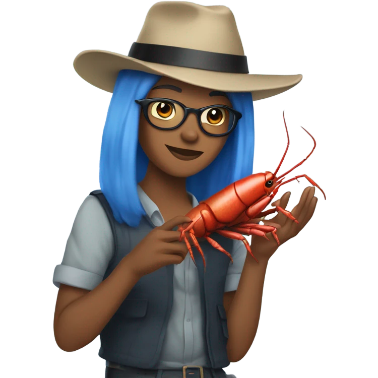 Subaru driving blue haired non binary wearing a fedora holding a crawfish emoji