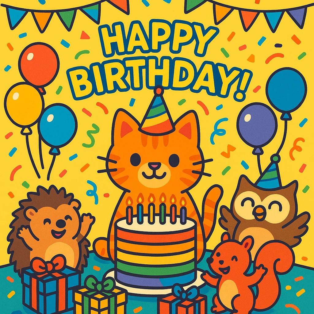 vibrant-toon style birthday party scene with a rainbow color theme including rainbow balloons, multicolored decorations, confetti, a large rainbow birthday cake, gifts, and a festive atmosphere. Main character is a ginger tabby kitten wearing a birthday hat, surrounded by a hedgehog, owl, and squirrel also celebrating. Prominent 'Happy Birthday!' message included in the scene. emoji