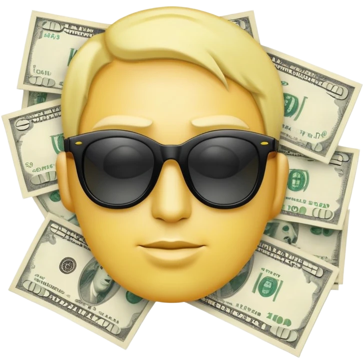 yellow head emoji with dollar bills for eyes, wearing slightly transparent black sunglasses, money symbols on face emoji